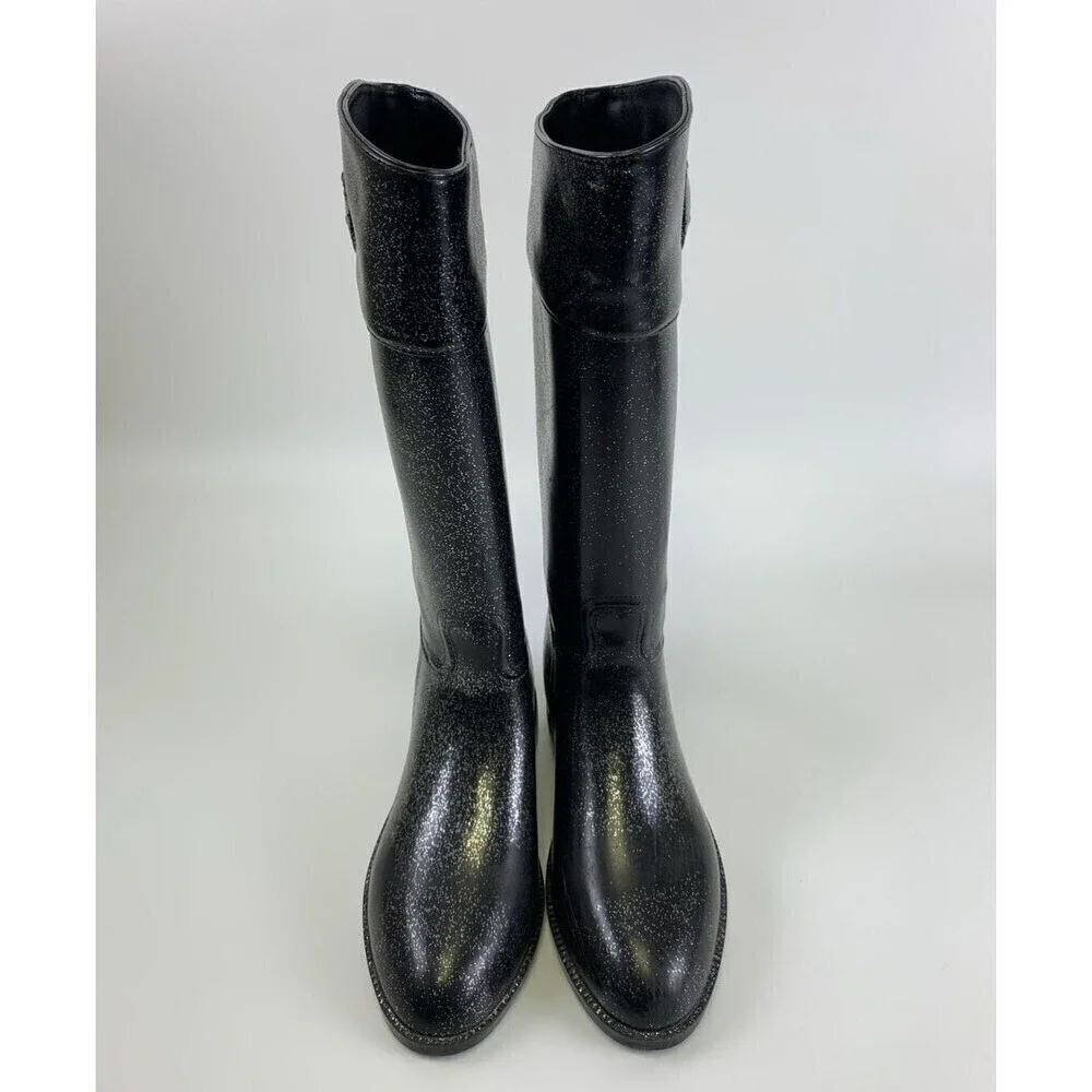 BOGO Hello Kitty Angelina Shimmer Rain Boots Black Glitter Pull On Knee High 6